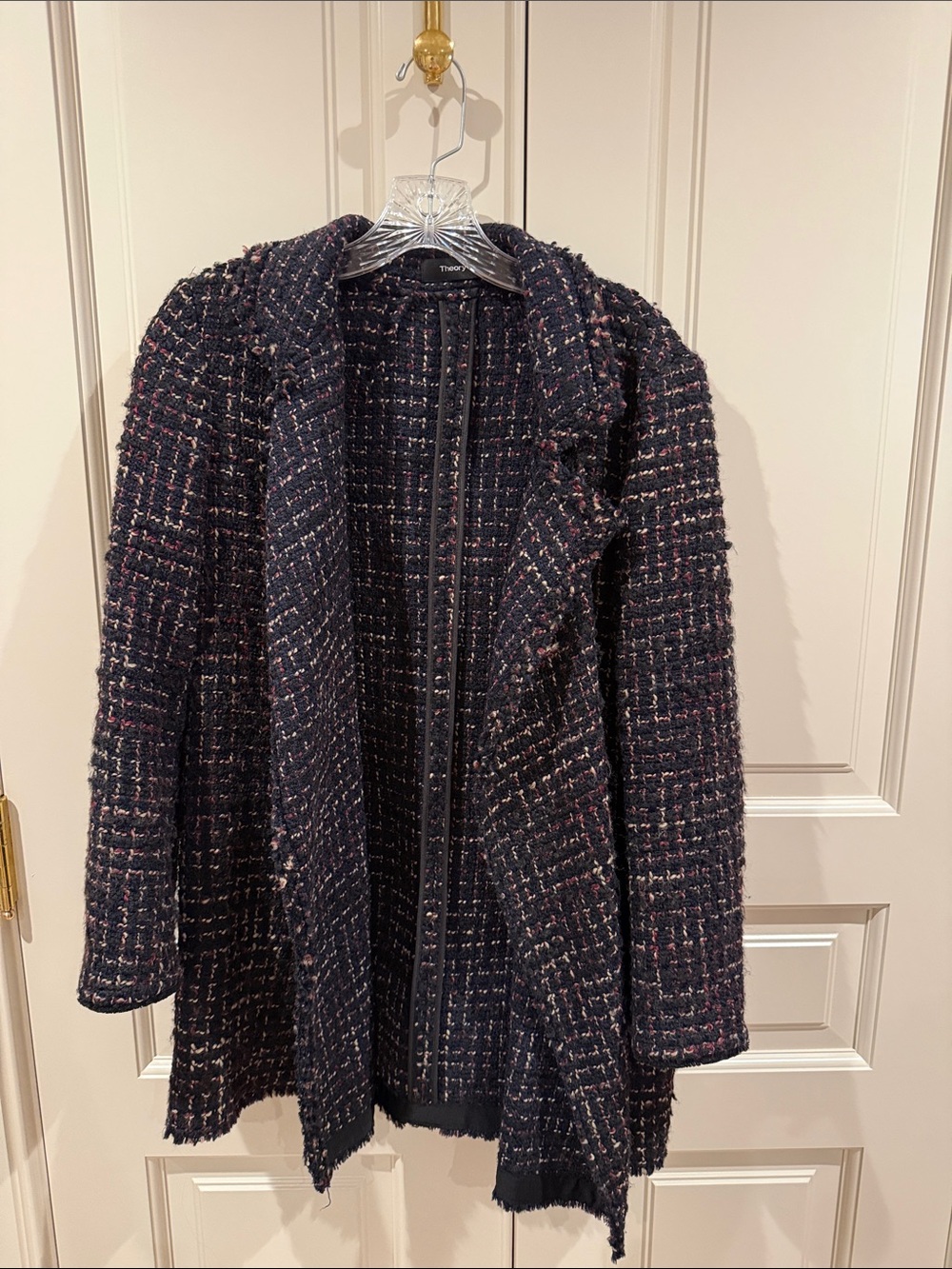 Theory Navy Tweed Open-Front Blazer with Pink Accents